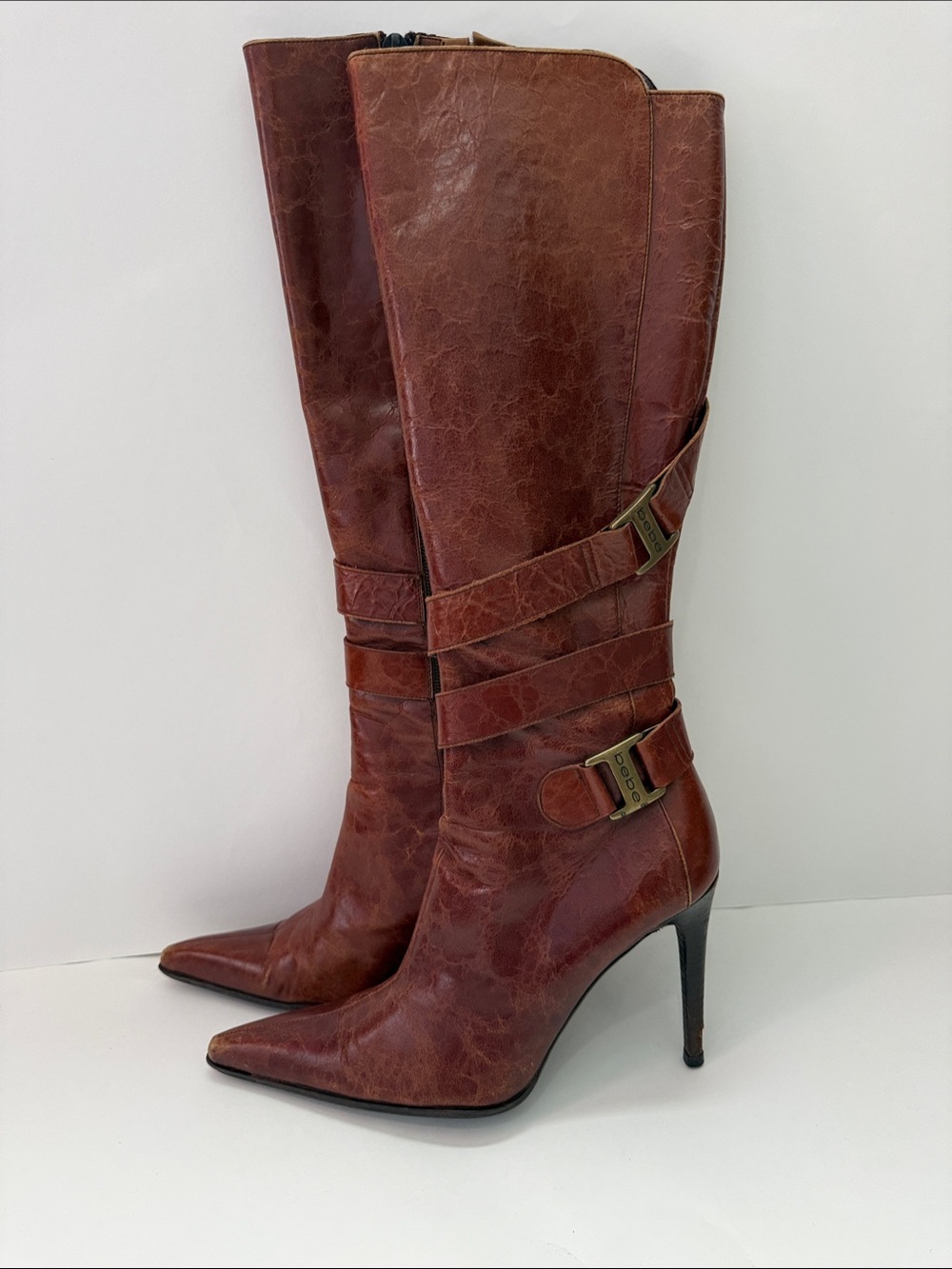 bebe leather Chestnut Brown Pointed Toe Over-the-Knee Stiletto Boots